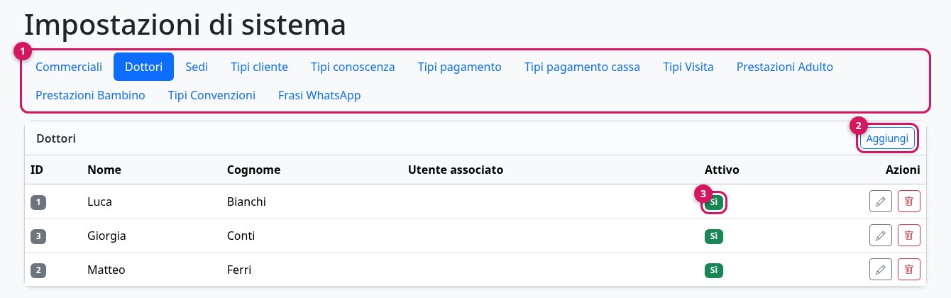 Configurazione Sistema, scheda Dottori