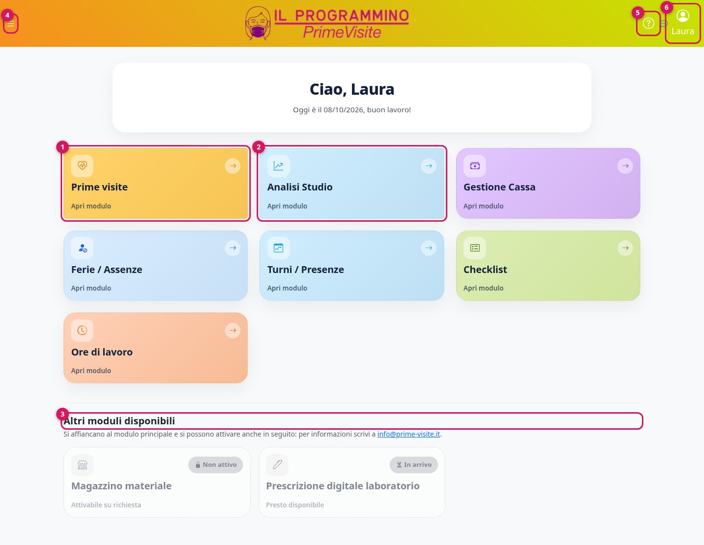 La Home: i moduli dello studio, gli altri moduli e i menu